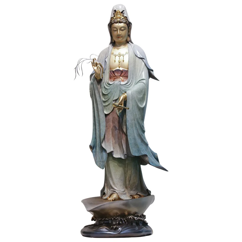Статуя Бодхисаттвы Гуаньинь Украшение Гуаньинь Южно-Китайского моря Один Лист Гуаньинь Цвета чистой меди, Инкрустированный золотом Изображение 4