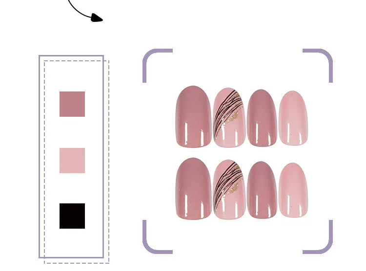 Телесно-розовые короткие накладные ногти аксессуары с золотисто-черными блестящими линиями дизайна французские миндальные кончики нажимаются на искусственные накладные ногти Изображение 2