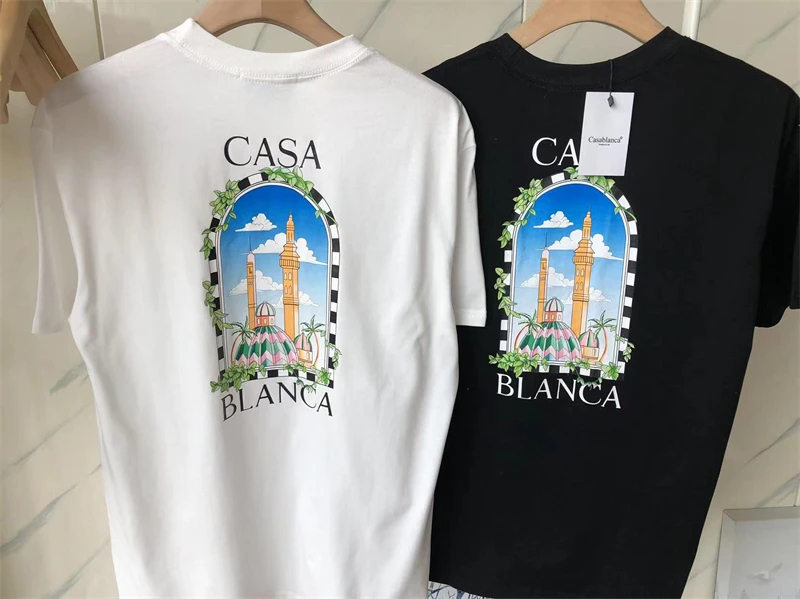 Топовая версия футболки Castle Architecture Casablanca для мужчин и женщин, повседневная футболка лучшего качества, верхняя футболка Изображение 0