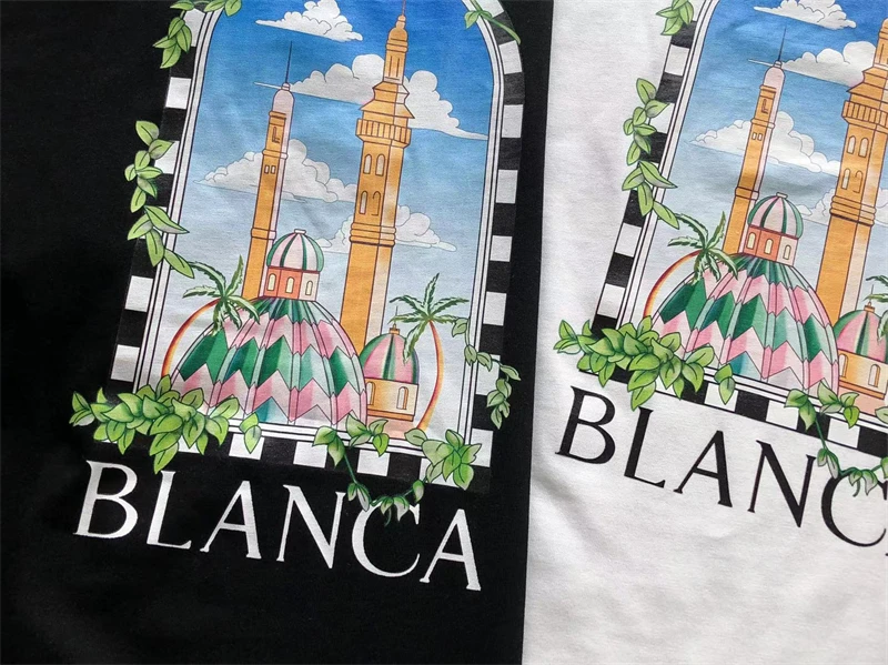 Топовая версия футболки Castle Architecture Casablanca для мужчин и женщин, повседневная футболка лучшего качества, верхняя футболка Изображение 4
