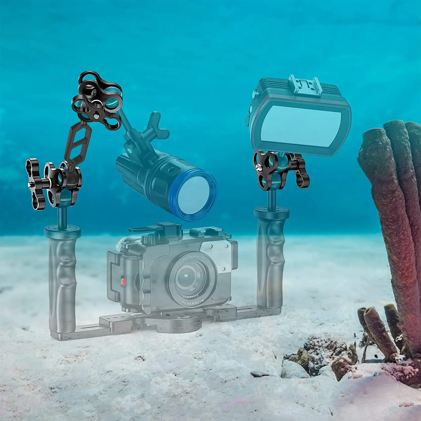 Фонарь для подводного плавания из алюминиевого сплава с двойным шаровым шарниром и 2 зажимами-бабочками для камеры подводной съемки Изображение 1