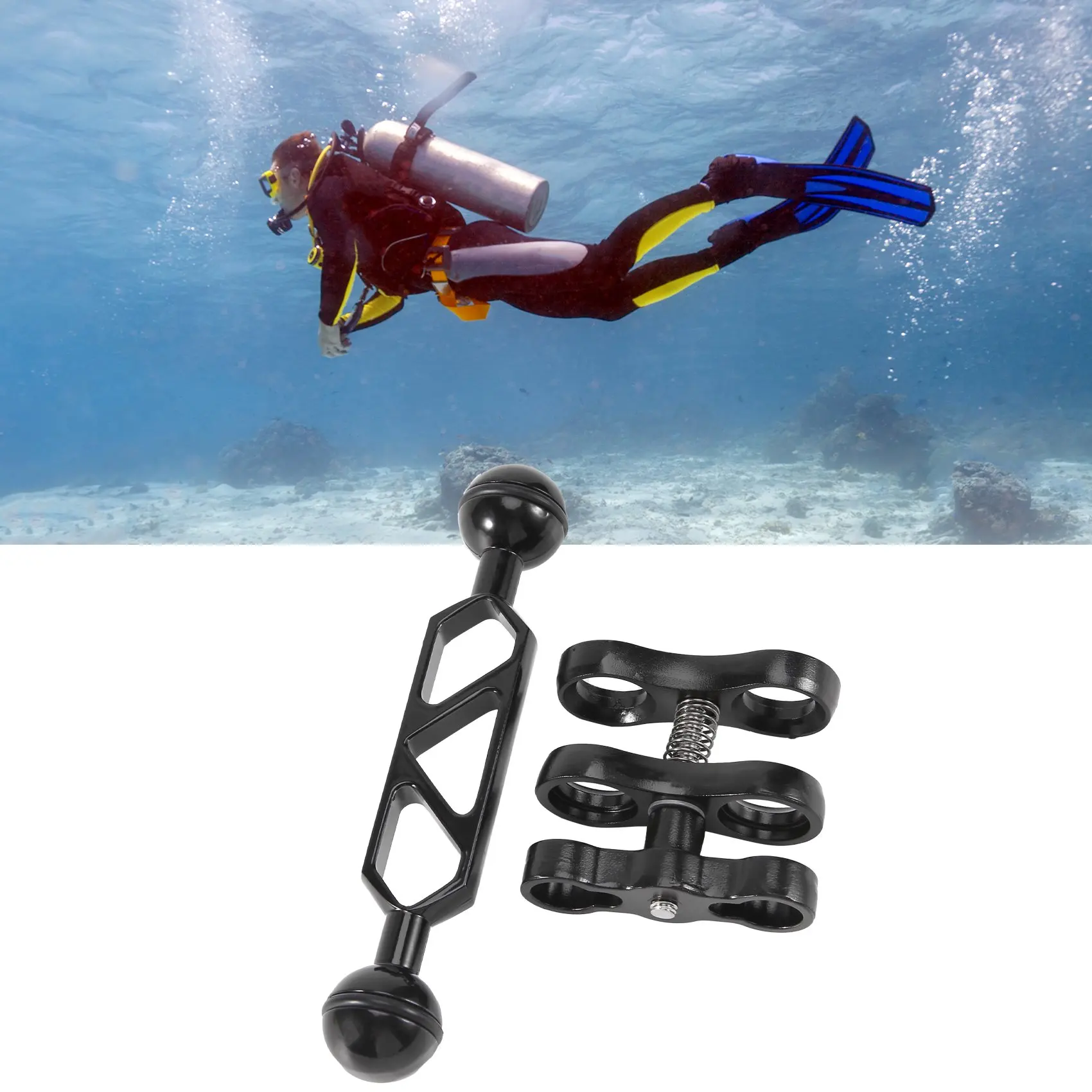 Фонарь для подводного плавания из алюминиевого сплава с двойным шаровым шарниром и 2 зажимами-бабочками для камеры подводной съемки Изображение 2