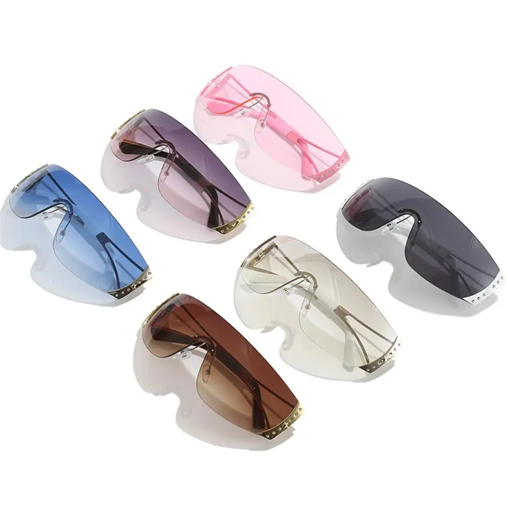 Футуристические солнцезащитные очки Y2K, обернутые вокруг бескаркасных солнцезащитных очков с градиентными линзами, солнцезащитные очки с плоским верхом, женские Мужские очки с UV400 оттенками Изображение 0