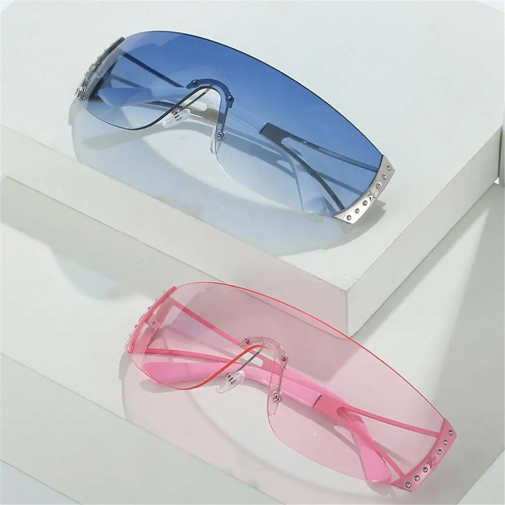 Футуристические солнцезащитные очки Y2K, обернутые вокруг бескаркасных солнцезащитных очков с градиентными линзами, солнцезащитные очки с плоским верхом, женские Мужские очки с UV400 оттенками Изображение 3
