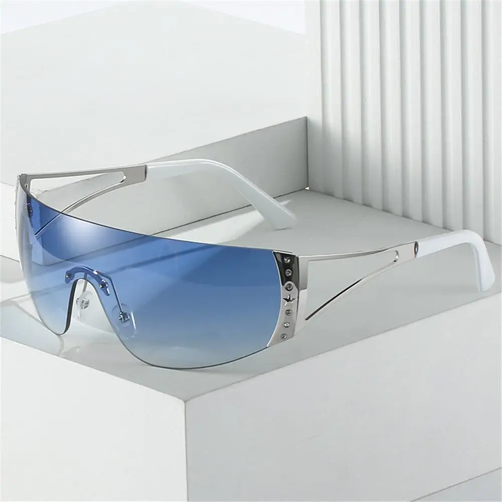 Футуристические солнцезащитные очки Y2K, обернутые вокруг бескаркасных солнцезащитных очков с градиентными линзами, солнцезащитные очки с плоским верхом, женские Мужские очки с UV400 оттенками Изображение 4