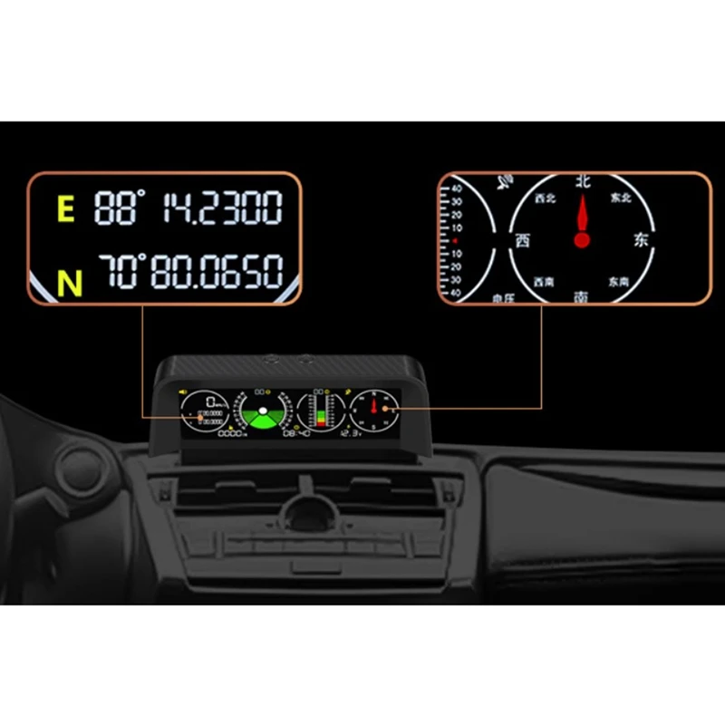 Черный автомобильный GPS-дисплей, измеритель скорости, наклона, Инклинометр, автомобильный компас, Автомобильный HUD, шаг, угол наклона, Транспортир, часы Изображение 2