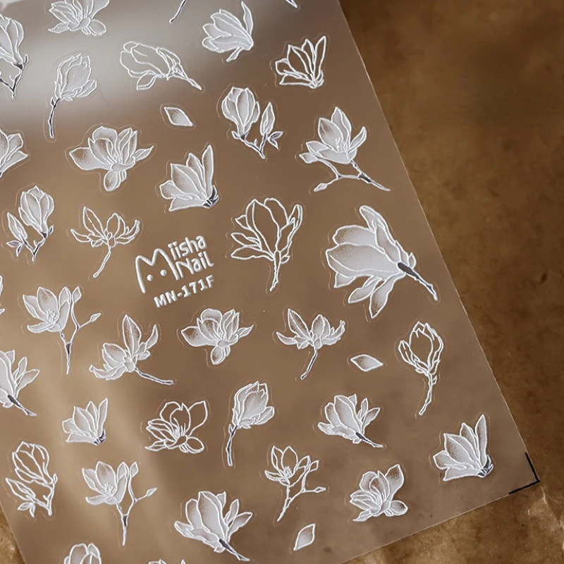Чистый Белый Дизайн Магнолии 5D С Мягкими Рельефными Рельефами, Самоклеящиеся Наклейки для дизайна ногтей, Розовые 3D Наклейки для маникюра Оптом Изображение 1