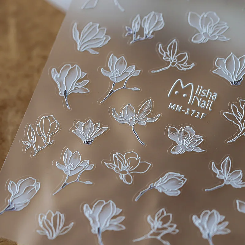 Чистый Белый Дизайн Магнолии 5D С Мягкими Рельефными Рельефами, Самоклеящиеся Наклейки для дизайна ногтей, Розовые 3D Наклейки для маникюра Оптом Изображение 2