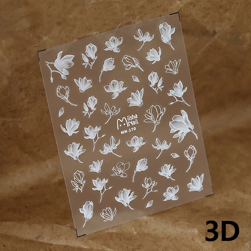 Чистый Белый Дизайн Магнолии 5D С Мягкими Рельефными Рельефами, Самоклеящиеся Наклейки для дизайна ногтей, Розовые 3D Наклейки для маникюра Оптом Изображение 3