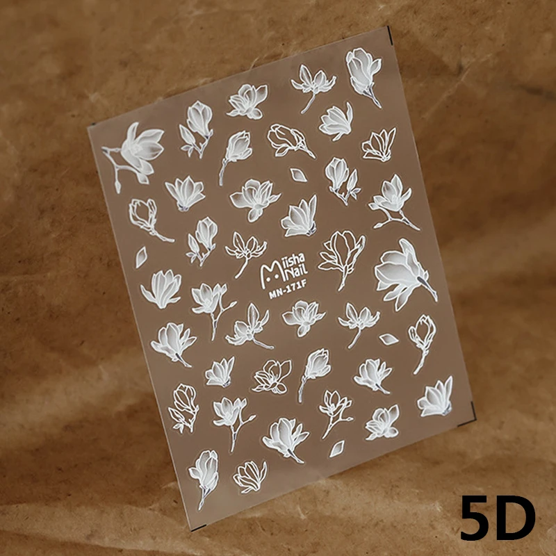 Чистый Белый Дизайн Магнолии 5D С Мягкими Рельефными Рельефами, Самоклеящиеся Наклейки для дизайна ногтей, Розовые 3D Наклейки для маникюра Оптом Изображение 4