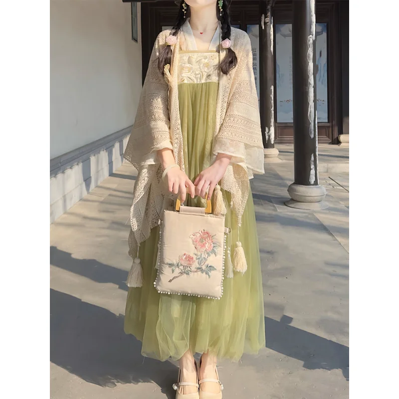 Элегантное кружевное платье Hanfu с бежевой шалью, расшитое зелеными цветами, китайская традиционная одежда для девочек, платья Sweet Lolita Изображение 0