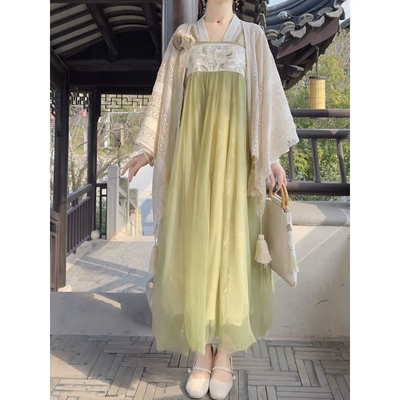 Элегантное кружевное платье Hanfu с бежевой шалью, расшитое зелеными цветами, китайская традиционная одежда для девочек, платья Sweet Lolita Изображение 1