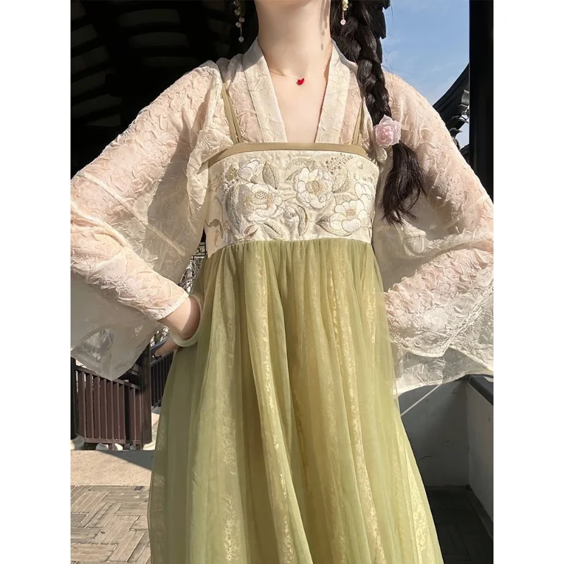 Элегантное кружевное платье Hanfu с бежевой шалью, расшитое зелеными цветами, китайская традиционная одежда для девочек, платья Sweet Lolita Изображение 3