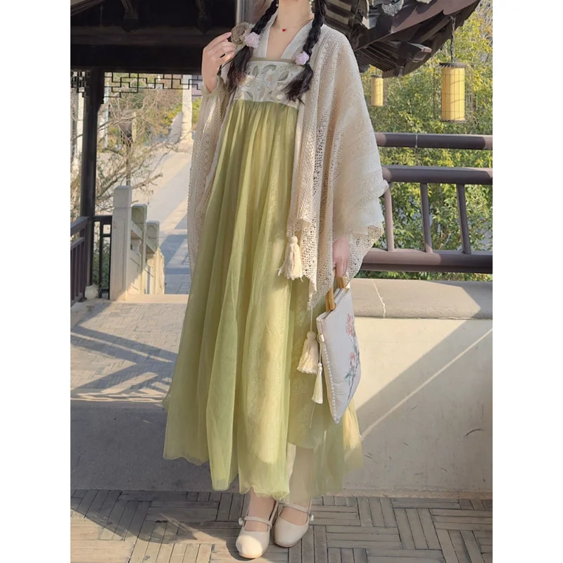 Элегантное кружевное платье Hanfu с бежевой шалью, расшитое зелеными цветами, китайская традиционная одежда для девочек, платья Sweet Lolita Изображение 4