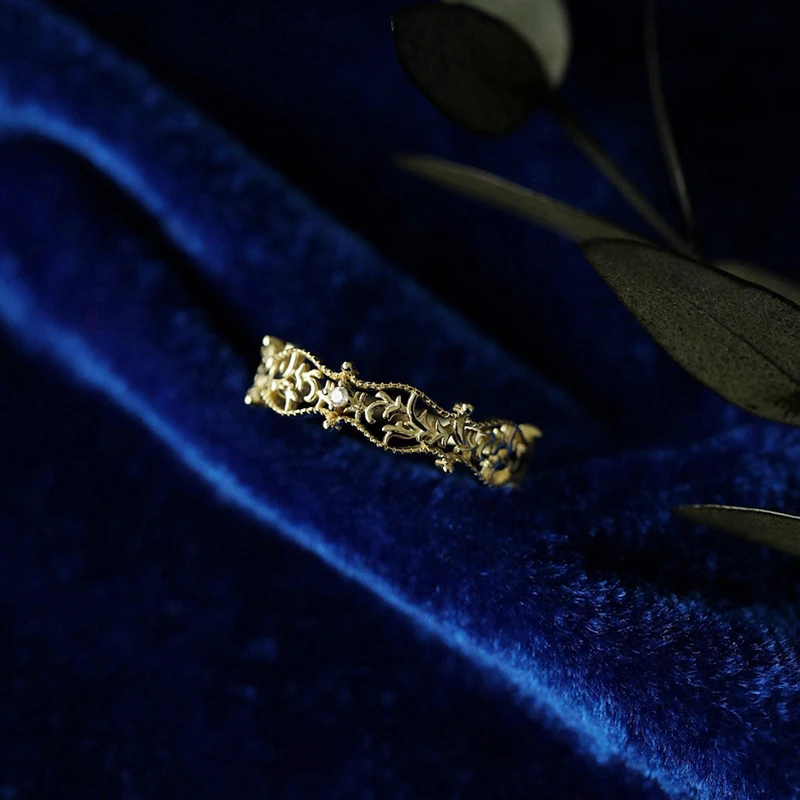 Японское легкое роскошное ретро полое кольцо на указательный палец из стерлингового серебра s925 пробы, позолоченное кольцо, женский дизайн ниши, украшения для рук Изображение 1