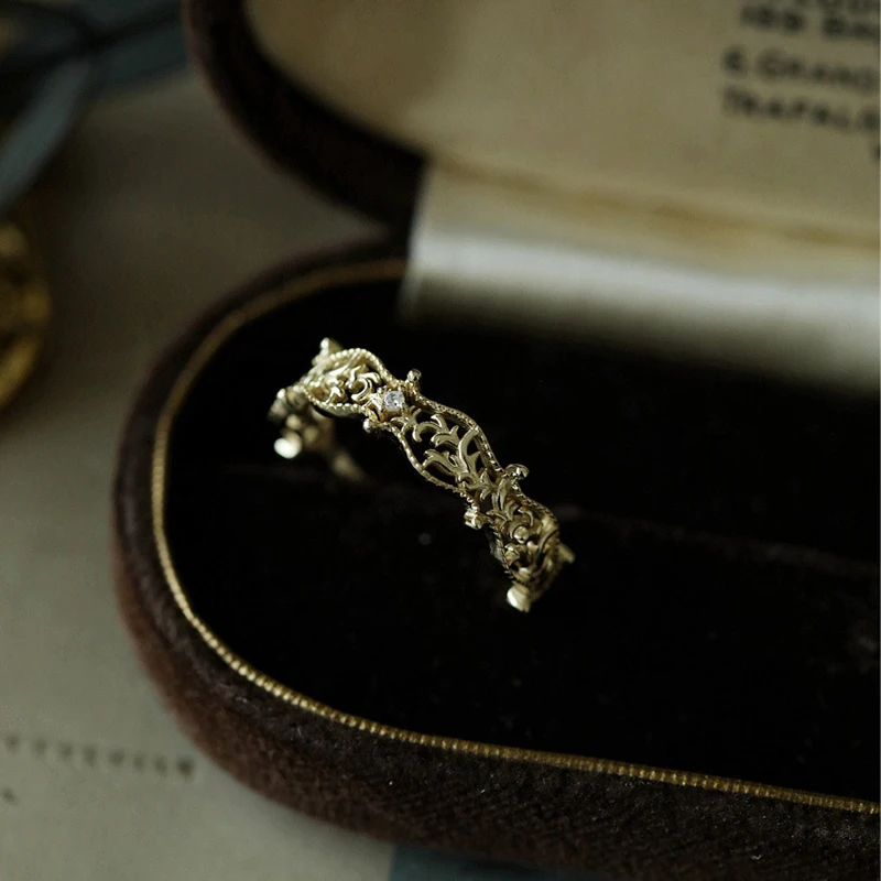 Японское легкое роскошное ретро полое кольцо на указательный палец из стерлингового серебра s925 пробы, позолоченное кольцо, женский дизайн ниши, украшения для рук Изображение 2