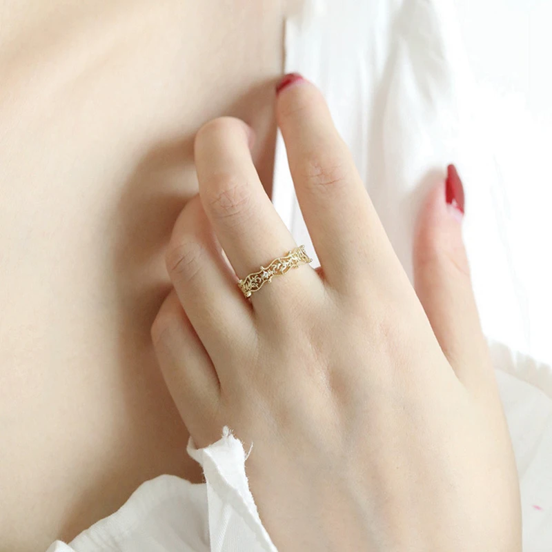 Японское легкое роскошное ретро полое кольцо на указательный палец из стерлингового серебра s925 пробы, позолоченное кольцо, женский дизайн ниши, украшения для рук Изображение 3