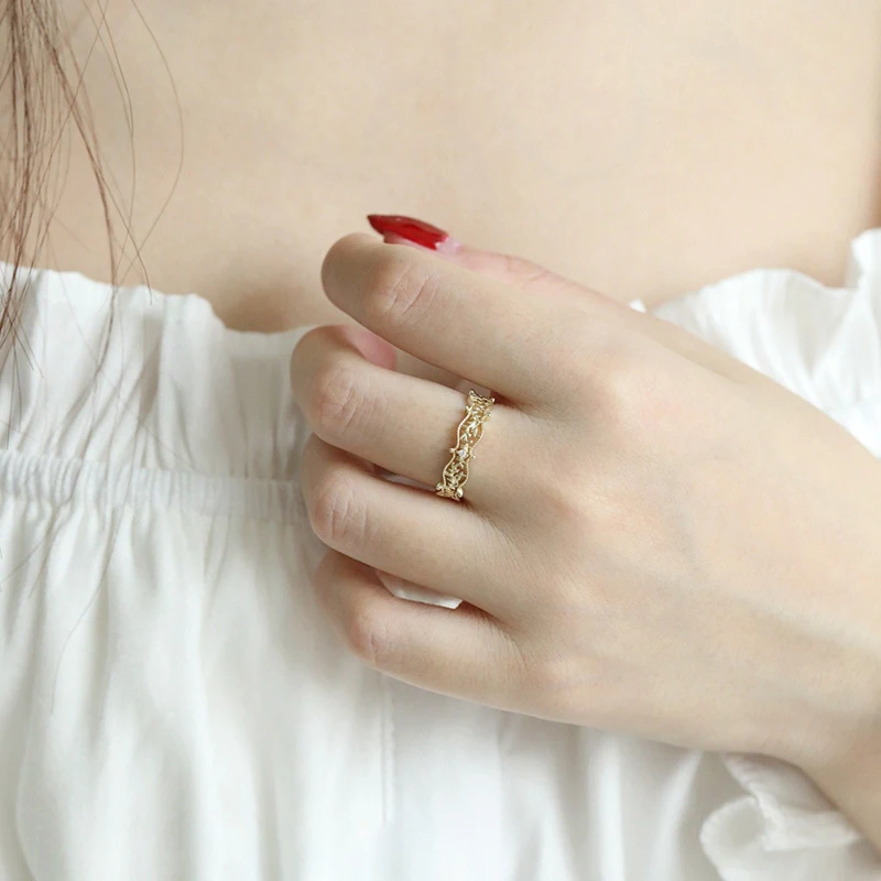 Японское легкое роскошное ретро полое кольцо на указательный палец из стерлингового серебра s925 пробы, позолоченное кольцо, женский дизайн ниши, украшения для рук Изображение 4