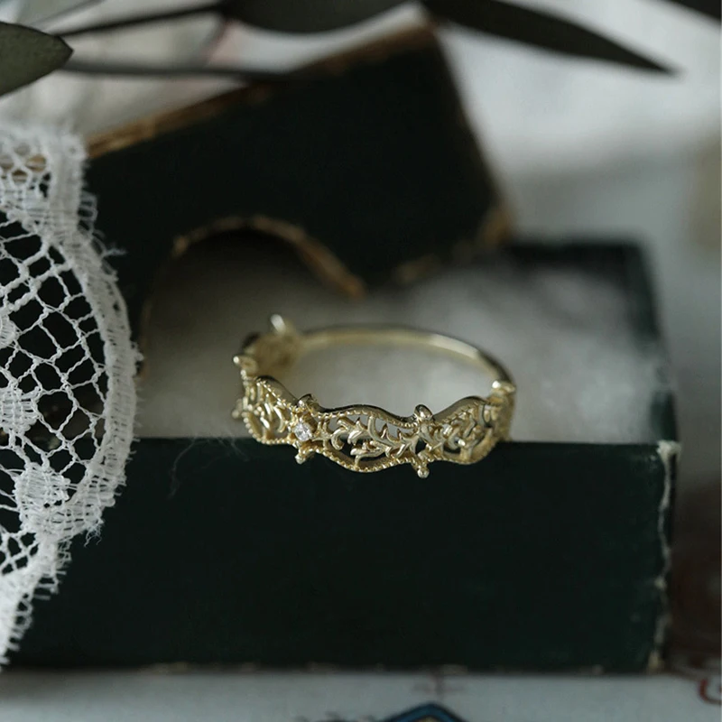 Японское легкое роскошное ретро полое кольцо на указательный палец из стерлингового серебра s925 пробы, позолоченное кольцо, женский дизайн ниши, украшения для рук Изображение 5
