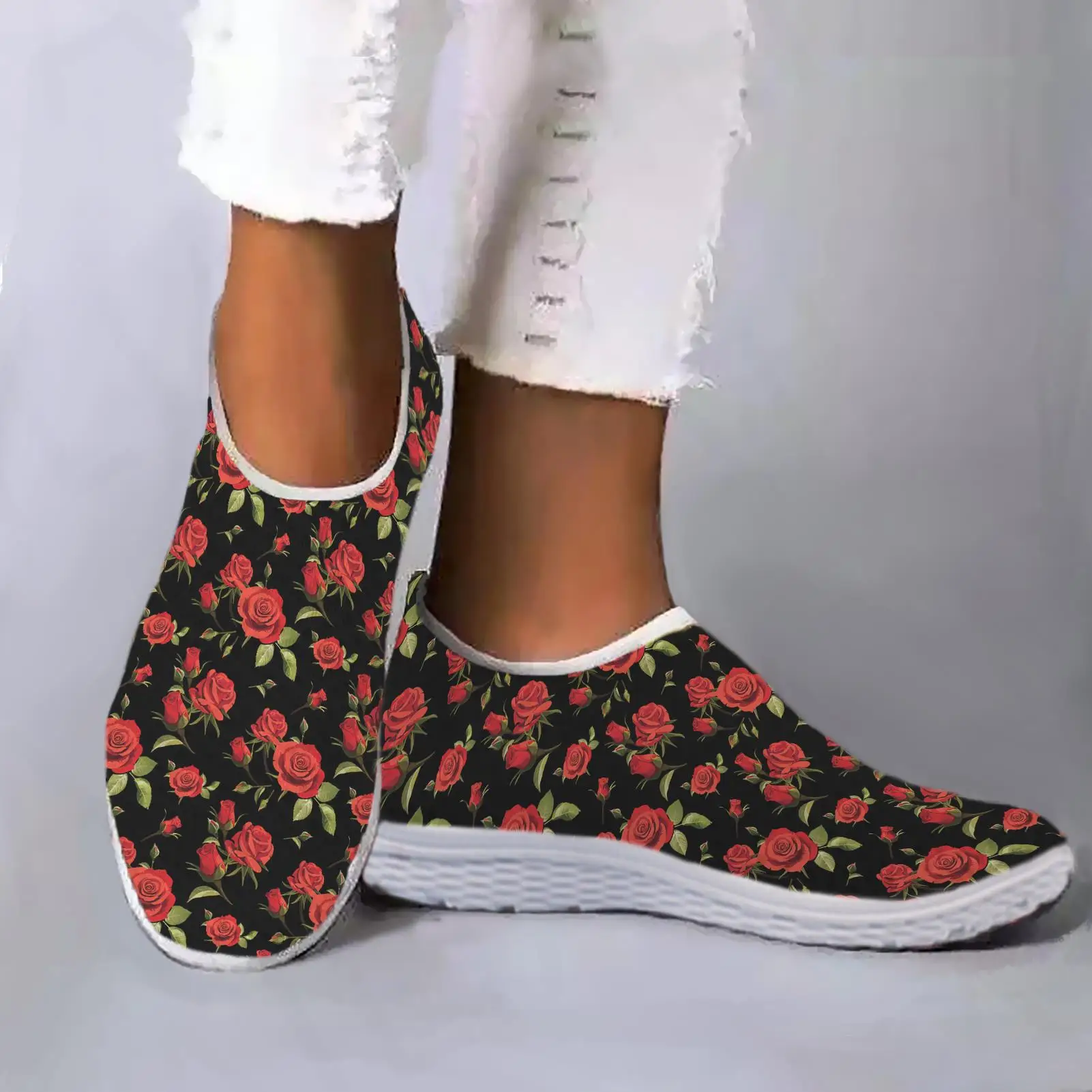 יפה רוז פרח הדפסת קל משקל לנשימה נעלי ריצה נעלי ספורט אור Mesh נשים של נעלי הליכה Sheos Изображение 0