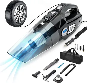 Автомобильный пылесос 4 в 1, портативный воздушный компрессор для накачивания шин с цифровым ЖК-дисплеем для измерения давления в шинах и светодиодной подсветкой