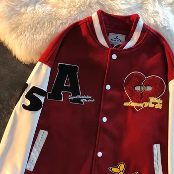 Американская винтажная куртка, бейсбольная форма flocking love red для мужчин, женские куртки-бомберы в стиле хип-хоп свободного кроя высокого класса
