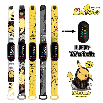 Анимированные часы с покемоном, анимированные персонажи, светодиодные электронные часы с принтом Пикачу, браслет, сенсорные водонепроницаемые детские часы в подарок