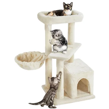 Башня из кошачьего дерева высотой 33 дюйма с квартирой и насестами, бежевый, Товары для кошек, Рама для лазания кошек, чтобы кошки могли с удовольствием играть дома