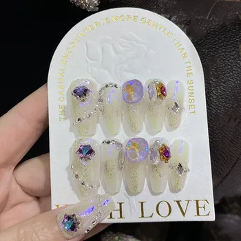Белая печать на ногтях ручной работы Корейская Роскошь Y2k Star Nails Длинный гроб Многоразовые Клейкие накладные ногти Акриловые искусственные ногти