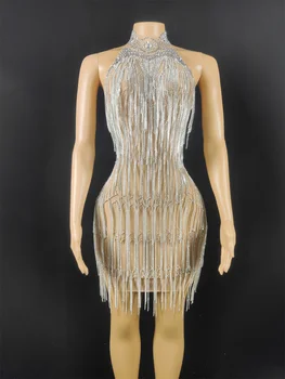 Блестящее Серебряное зеркало из эластичной ткани со стразами, короткое платье для женщин, платье для празднования дня рождения, платье для танцовщицы, платье для шоу на вечеринке