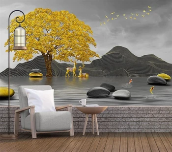 большие фрески wellyu на заказ, стильное украшение дома, золотое дерево, художественный пейзаж, камень, бегущие фоновые обои