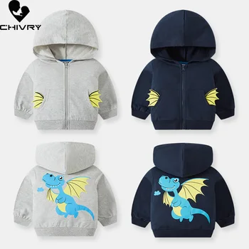 Весенне-осенняя модная куртка с капюшоном для мальчиков, новинка 2023 года, детские куртки с капюшоном и принтом динозавра из милого мультфильма
