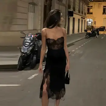 Винтажная кружевная юбка МИДИ с разрезом, шикарное женское сексуальное платье-спагетти на шнуровке с открытой спиной, вечерняя уличная одежда для дня рождения L