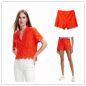 Внешняя торговля оригинальный одиночный испанский модный новый летний костюм из чистого кружева с выдолбленным оранжевым костюмом