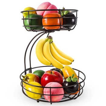 Двухъярусная металлическая корзина для фруктов Держатель для чаши с вешалкой для бананов 2-слойная подставка для фруктов, хлеба, овощей, закусок
