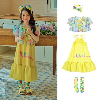 Детское летнее платье, детская одежда, милое платье с акварельными цветами на бретельках без рукавов для девочек + кардиган с фрагментированными цветами