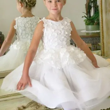 Длинное Белое платье Принцессы трапециевидной формы С цветочным узором Для девочек, С аппликациями И Застежкой-молнией сзади, Подходит для Свадебной вечеринки, Дня Рождения, Первого Причастия