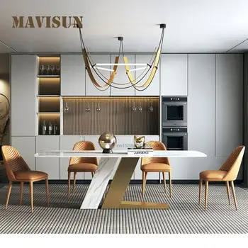 Длинный кухонный стол из нержавеющей стали, титана, прямоугольного мрамора, Золотистая комбинация обеденного стола и стульев, мебель для квартиры