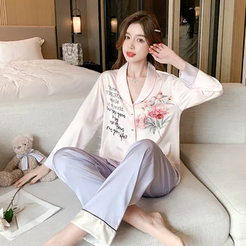 Длинный пижамный костюм в китайском стиле, сексуальный цветочный принт, комплект из двух предметов, пижамы, женская шелковая домашняя одежда из вискозы, одежда для отдыха, ночное белье