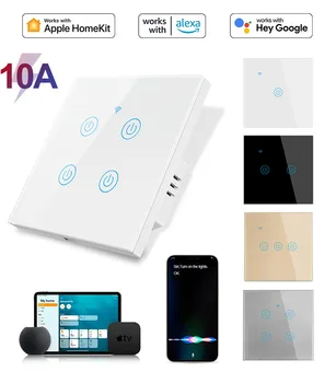 ЕС, США, Apple Homekit Smart Home Switch 10A 240V Стеклянный настенный выключатель с сенсорным экраном WIFI + Bluetooth Siri, голосовое управление, контроллер освещения