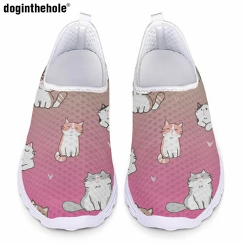 Женская летняя повседневная обувь Doginthehole, легкие дышащие кроссовки на плоской подошве, Сетчатая обувь с мультяшным котенком, Комфортная обувь для кормления.