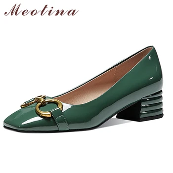 Женская обувь Meotina из натуральной кожи На толстом каблуке С металлическим украшением, Женская обувь с квадратным носком на среднем каблуке, весенне-зеленый 40 г.