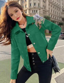 Женская одежда Красочная Джинсовая куртка из бисера 2023 Осень Новый Корейский Стиль Свободная Короткая Сетчатая Пряжа Джинсовое пальто с вышивкой цветами Женские