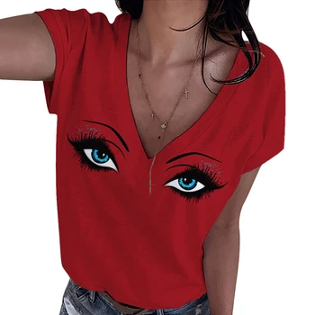 Женская футболка, Сексуальная Одежда с принтом Eyes, Уличная Футболка в стиле Хип-Хоп С V-образным вырезом, Модный Повседневный Топ, Свободный Пуловер Негабаритного размера, Футболка