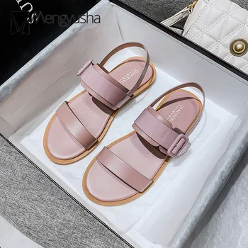 женские / девичьи милые розовые кожаные сандалии на плоской подошве с двойной пряжкой, гладиаторские сандалии mujer, бренд sandalen dames, большой размер 43