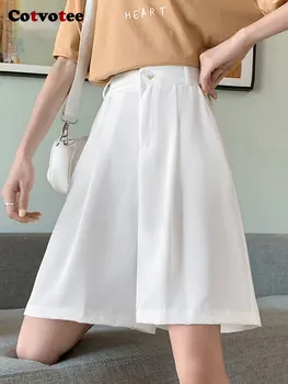 Женские костюмы Cotvotee, шорты для женщин 2023, модные офисные женские Белые прямые шорты, женские широкие шорты с высокой талией длиной до колен