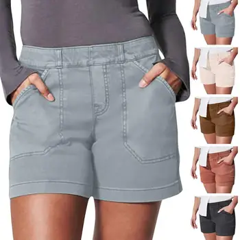 Женские летние шорты с эластичными карманами до середины талии, дышащие Спортивные шорты Colorfast, однотонные, приталенные, повседневные женские короткие брюки