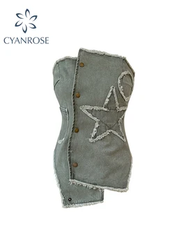 Женский джинсовый камзол без бретелек, укороченный топ со звездами, винтажная летняя уличная одежда Y2k, сексуальный жилет на пуговицах неправильной формы с открытыми плечами.