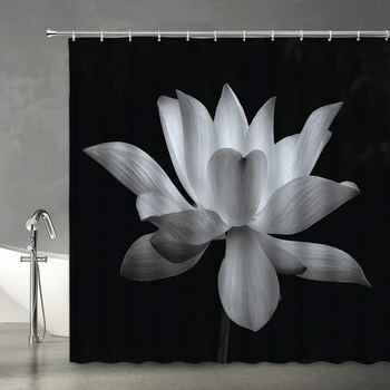 Занавеска для душа Lotus Черно-Белая Цветочная магия Элегантный Цветок на черном фоне Современная Простая Уникальная Художественная женская Занавеска для ванной комнаты