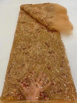 Золото, новейшая африканская кружевная ткань, высококачественная французская сетка, вышивка пайетками, тюлевая кружевная ткань для вечернего платья в нигерийском стиле.